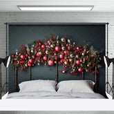 Aperturee Aperturee Christmas Headboard Photography Backdrop Red Gold and Silver Ornament Garland Elegant Holiday Bedroom Photo Prop